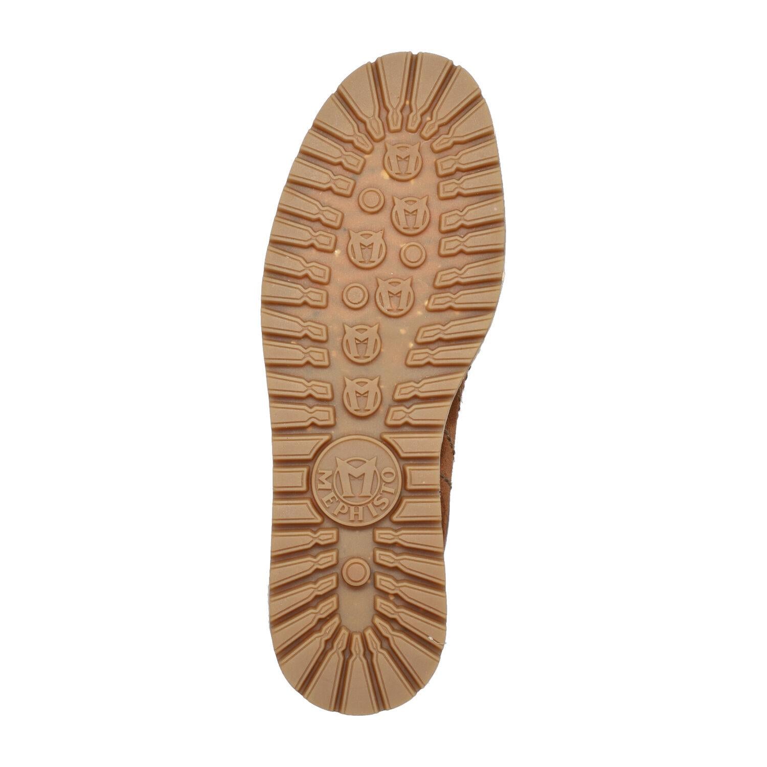 Mephisto Rainbow men's brown suede lace-up shoes with rubber sole and logo tread pattern.