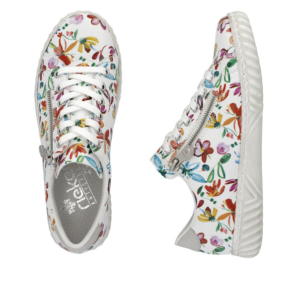 Rieker N0900-91 Edna Ladies White Flower Multi Zip & Lace Shoes