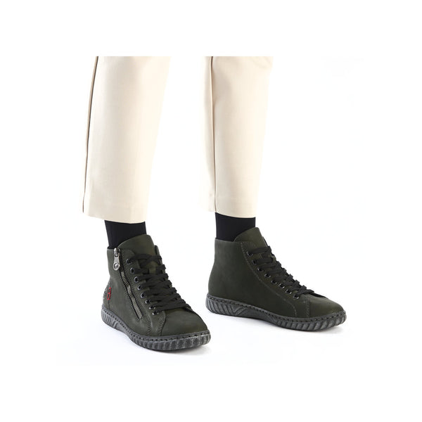 Rieker N0921-54 Ladies Green Zip & Lace Ankle Boots