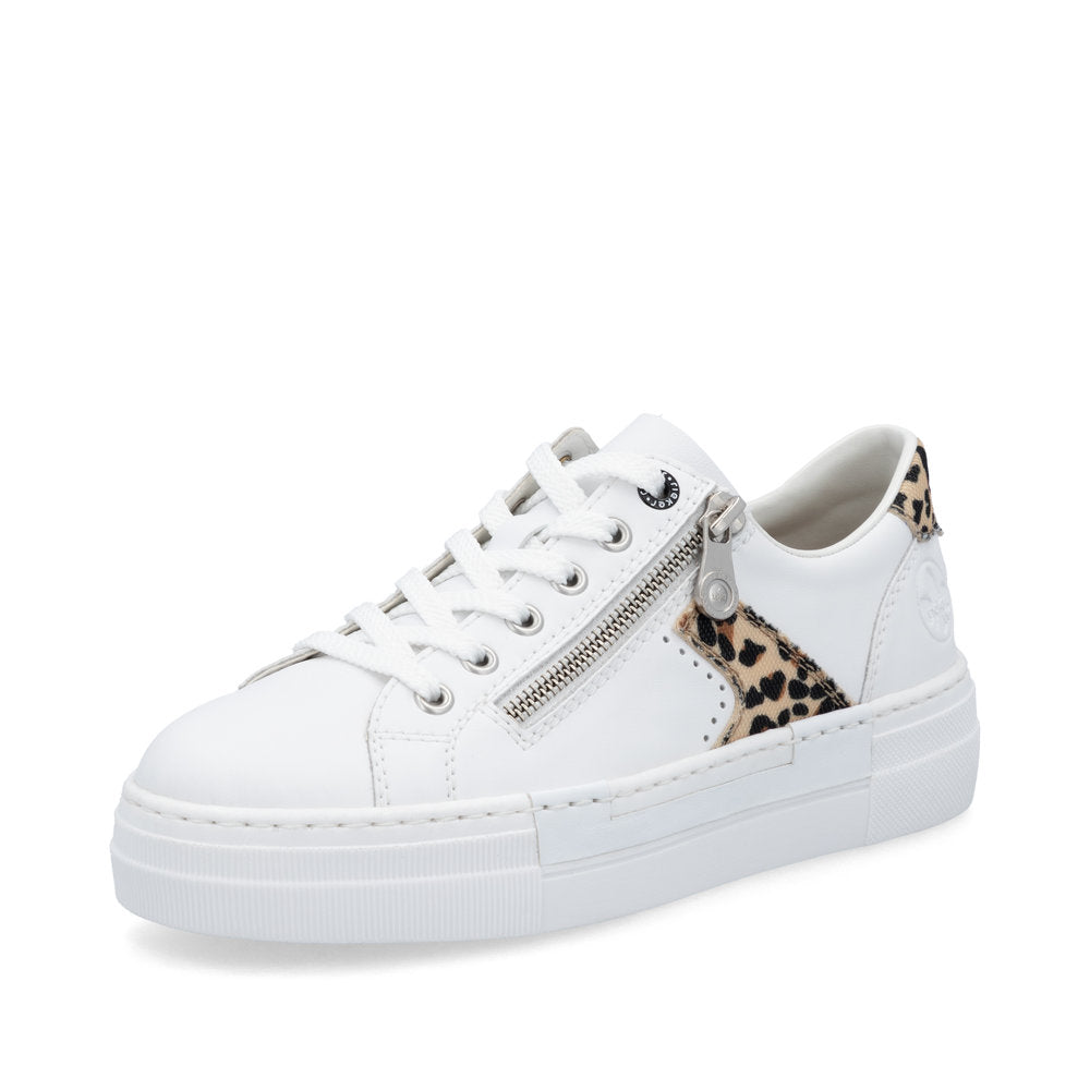 Rieker N4924-81 Ladies White & Animal Print Leather Lace Up Trainers