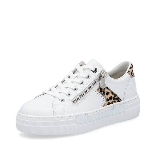 Rieker N4924-81 Ladies White & Animal Print Leather Lace Up Trainers