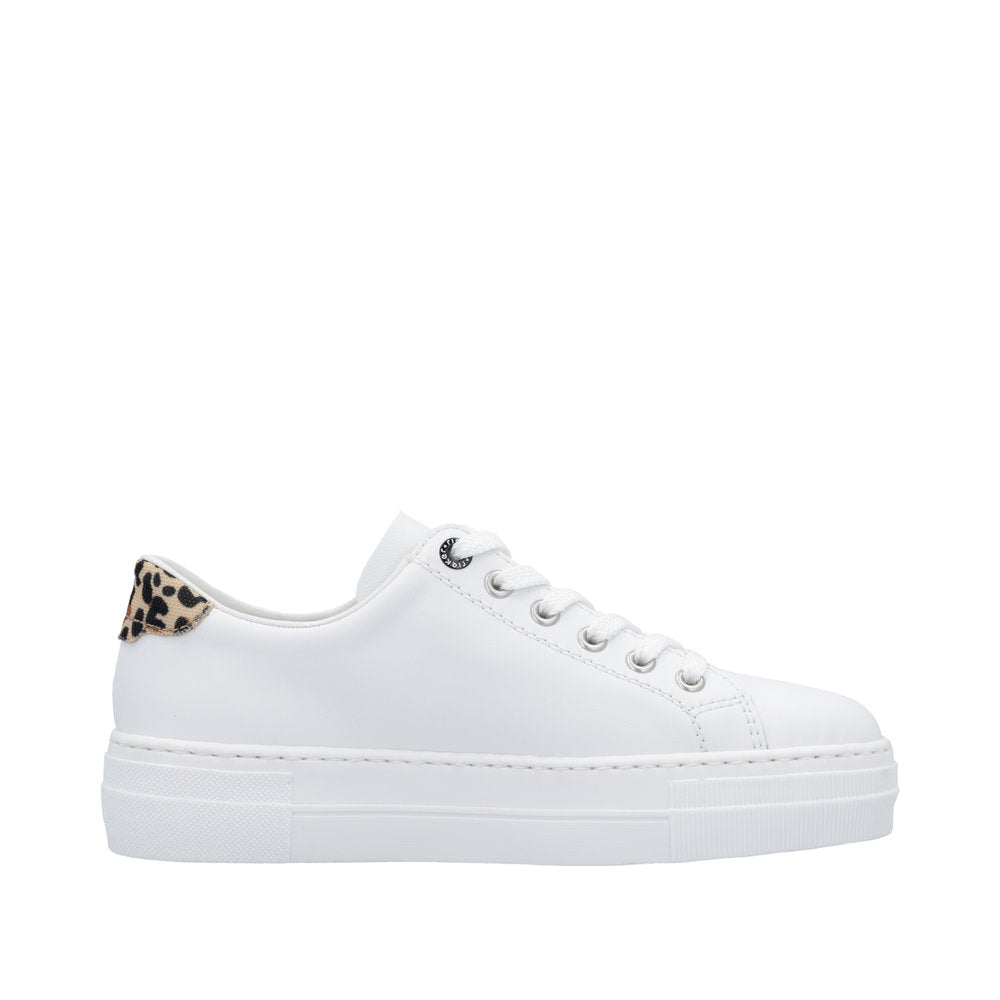 Rieker N4924-81 Ladies White & Animal Print Leather Lace Up Trainers