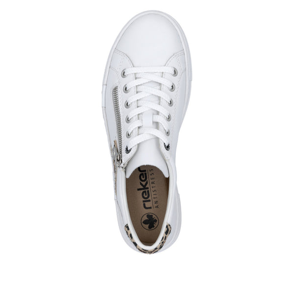 Rieker N4924-81 Ladies White & Animal Print Leather Lace Up Trainers