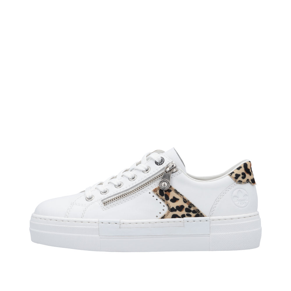 Rieker N4924-81 Ladies White & Animal Print Leather Lace Up Trainers