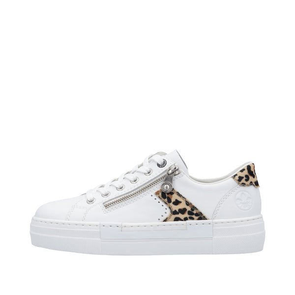 Rieker N4924-81 Ladies White & Animal Print Leather Lace Up Trainers