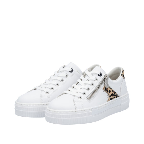 Rieker N4924-81 Ladies White & Animal Print Leather Lace Up Trainers