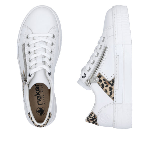 Rieker N4924-81 Ladies White & Animal Print Leather Lace Up Trainers