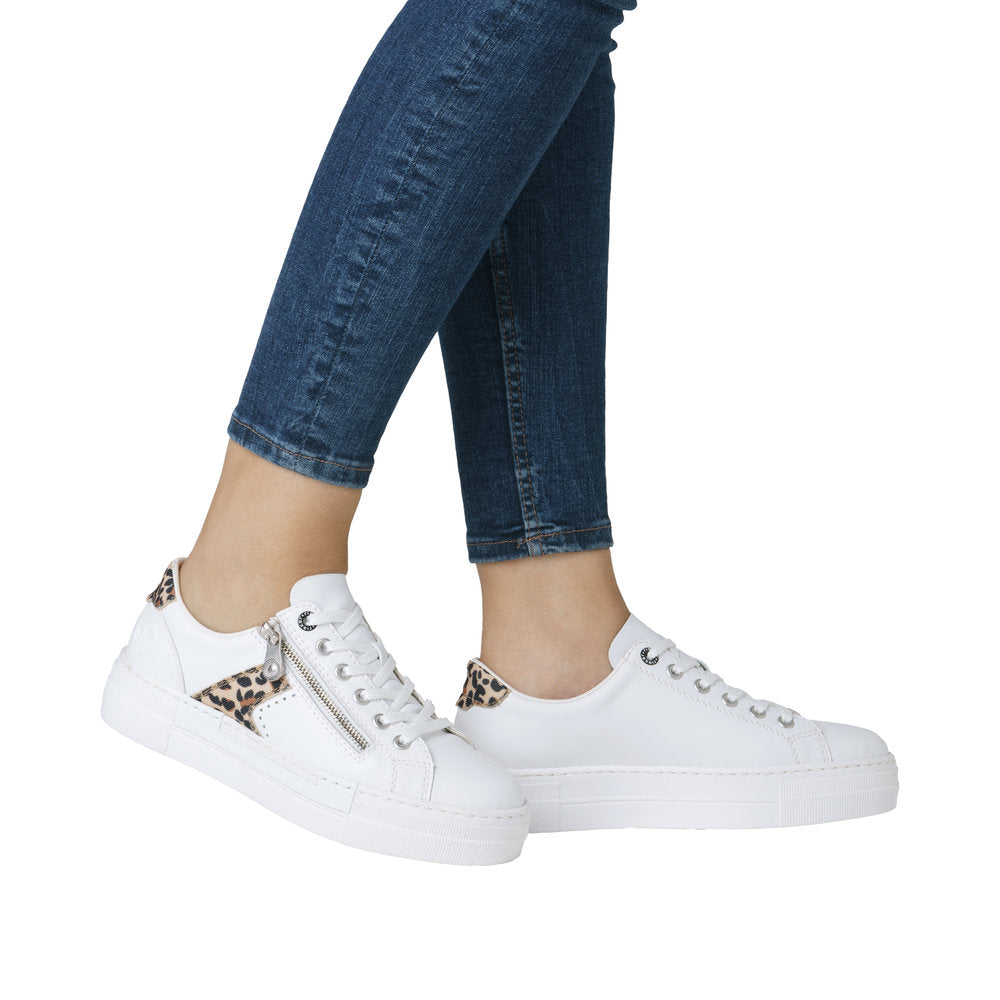 Rieker N4924-81 Ladies White & Animal Print Leather Lace Up Trainers