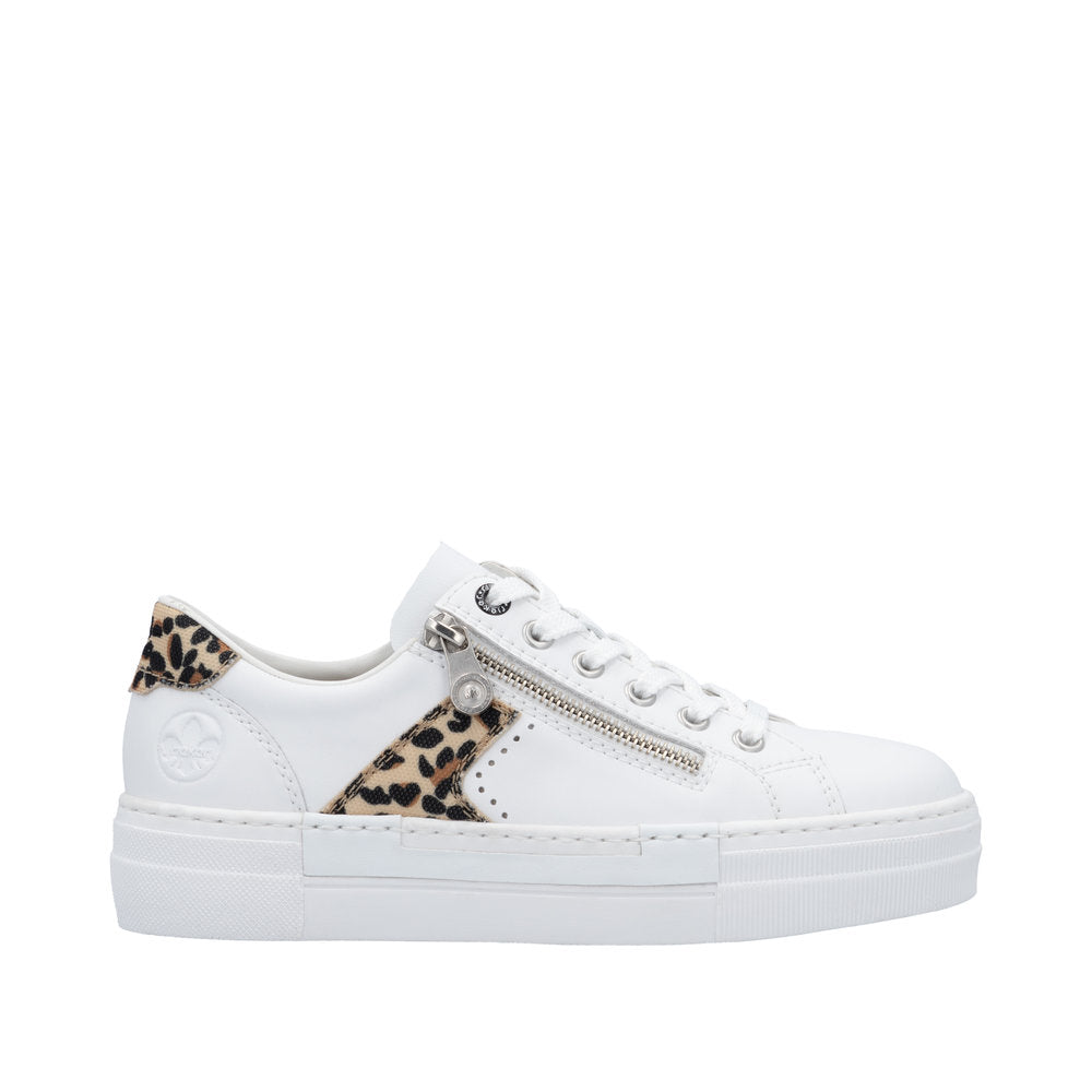 Rieker N4924-81 Ladies White & Animal Print Leather Lace Up Trainers