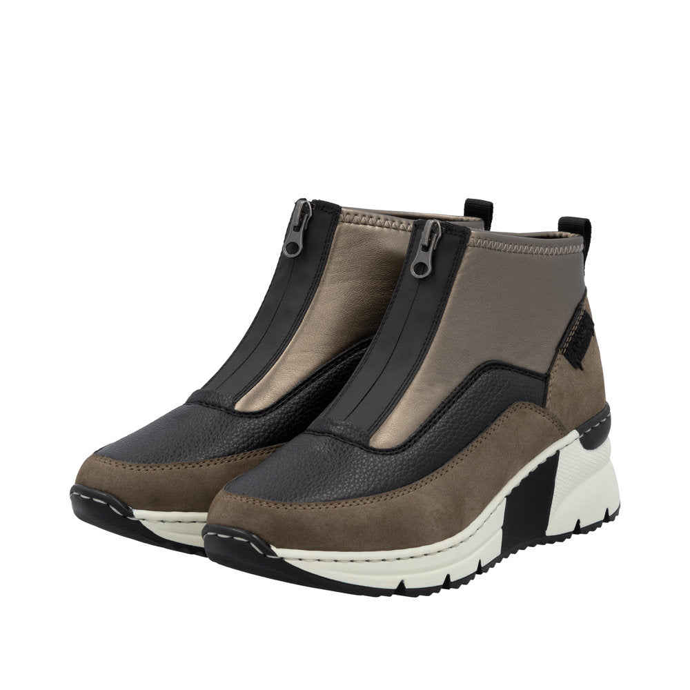 Rieker N6352-25 Ladies Brown Textile Front Zip Ankle Boots