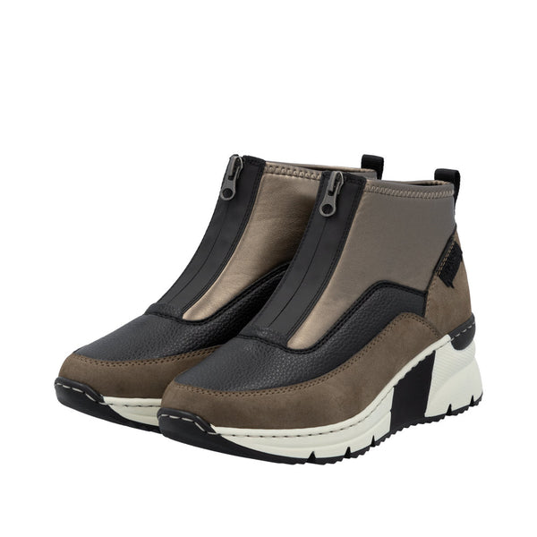Rieker N6352-25 Ladies Brown Textile Front Zip Ankle Boots