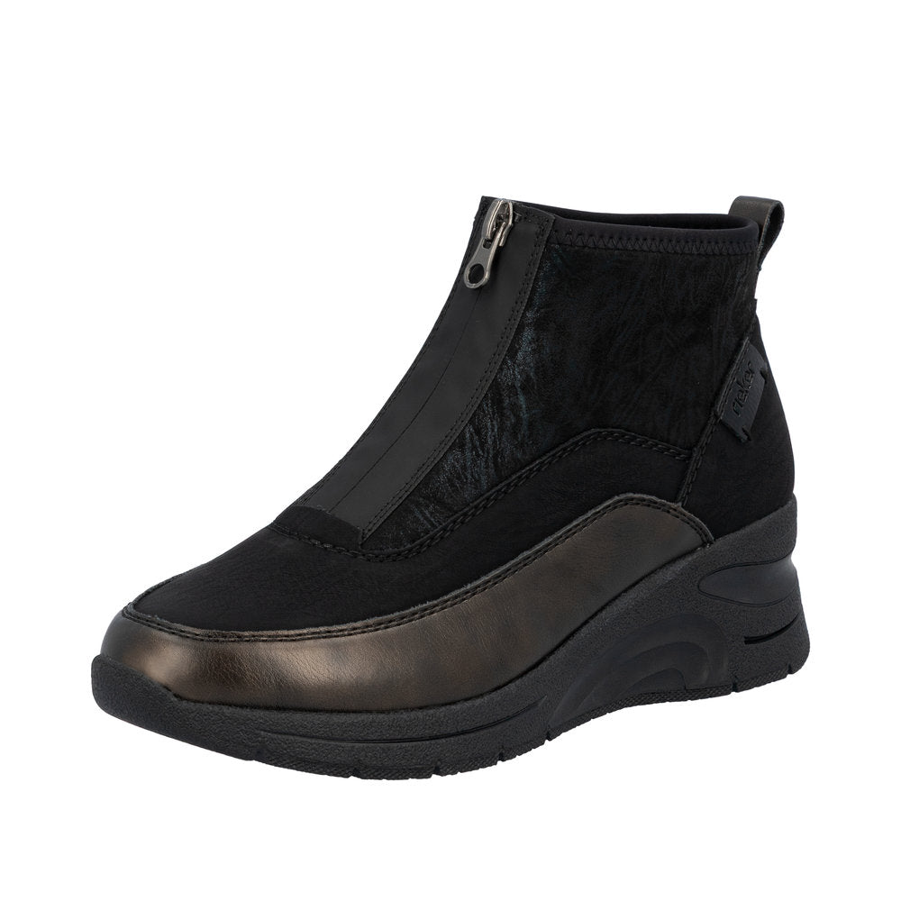 Rieker N9362-01 Ladies Black Combi Textile Front Zip Ankle Boots