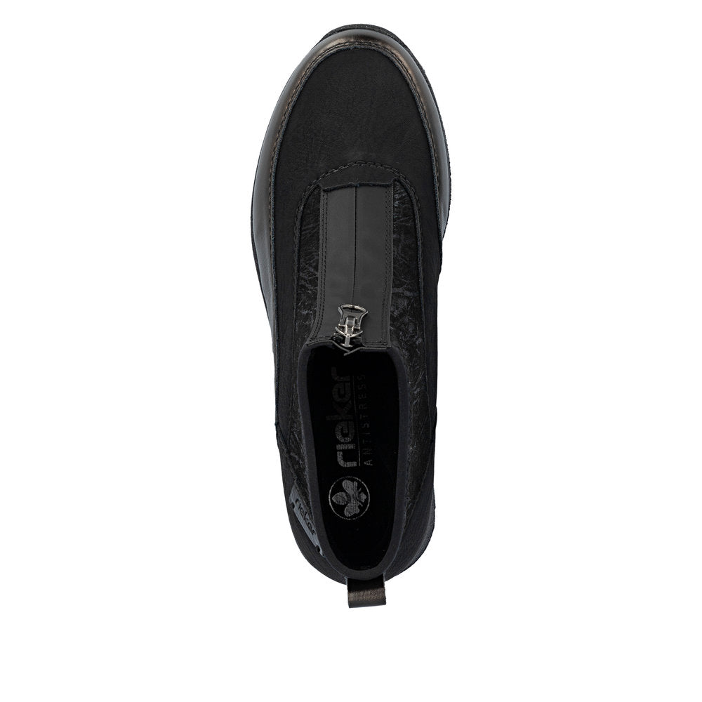 Rieker N9362-01 Ladies Black Combi Textile Front Zip Ankle Boots