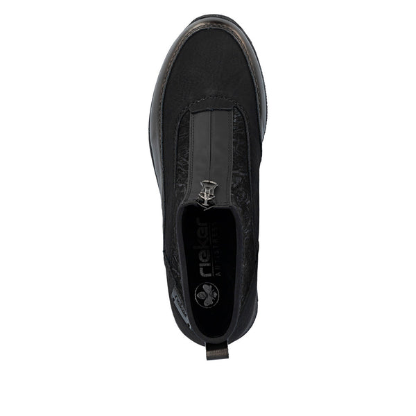Rieker N9362-01 Ladies Black Combi Textile Front Zip Ankle Boots