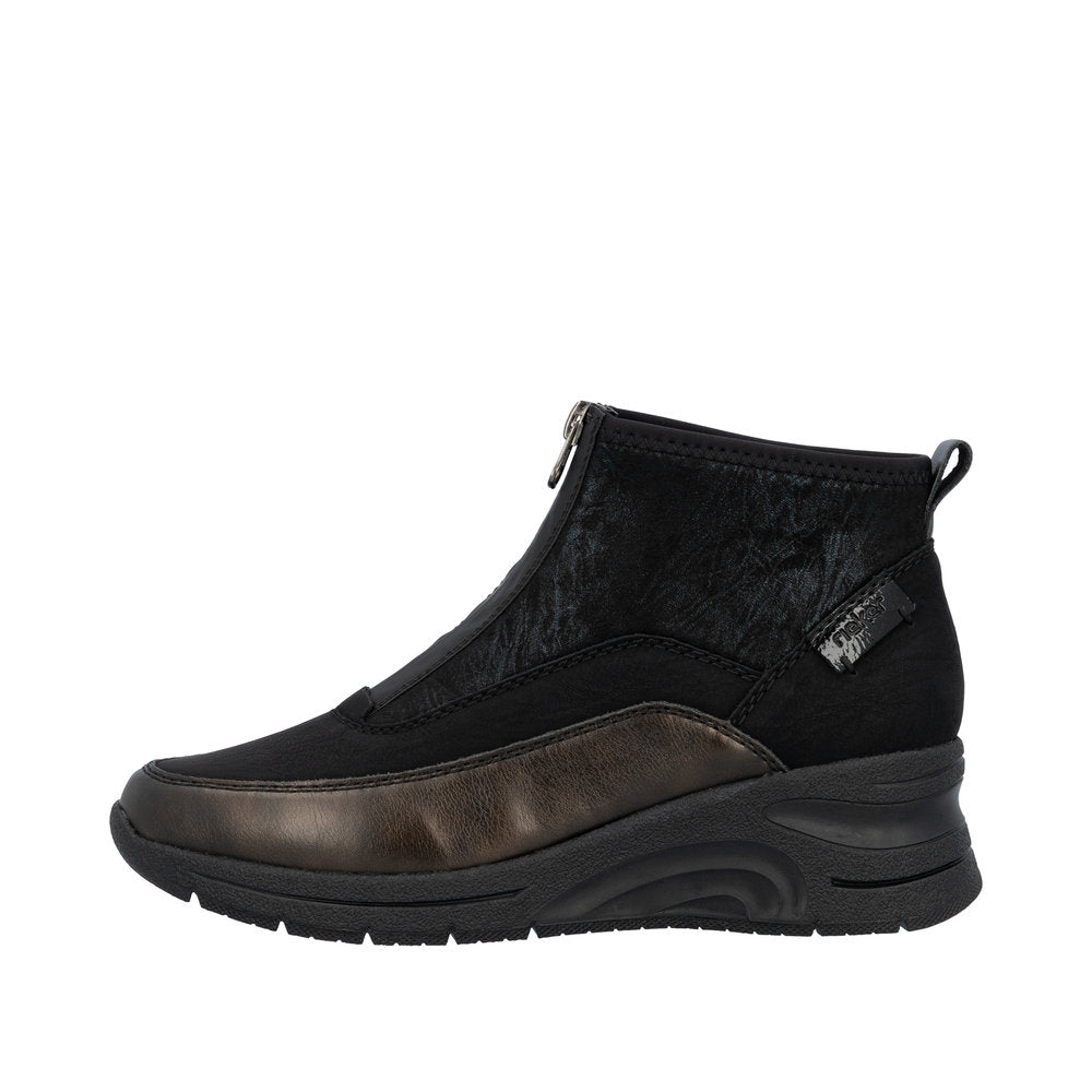 Rieker N9362-01 Ladies Black Combi Textile Front Zip Ankle Boots