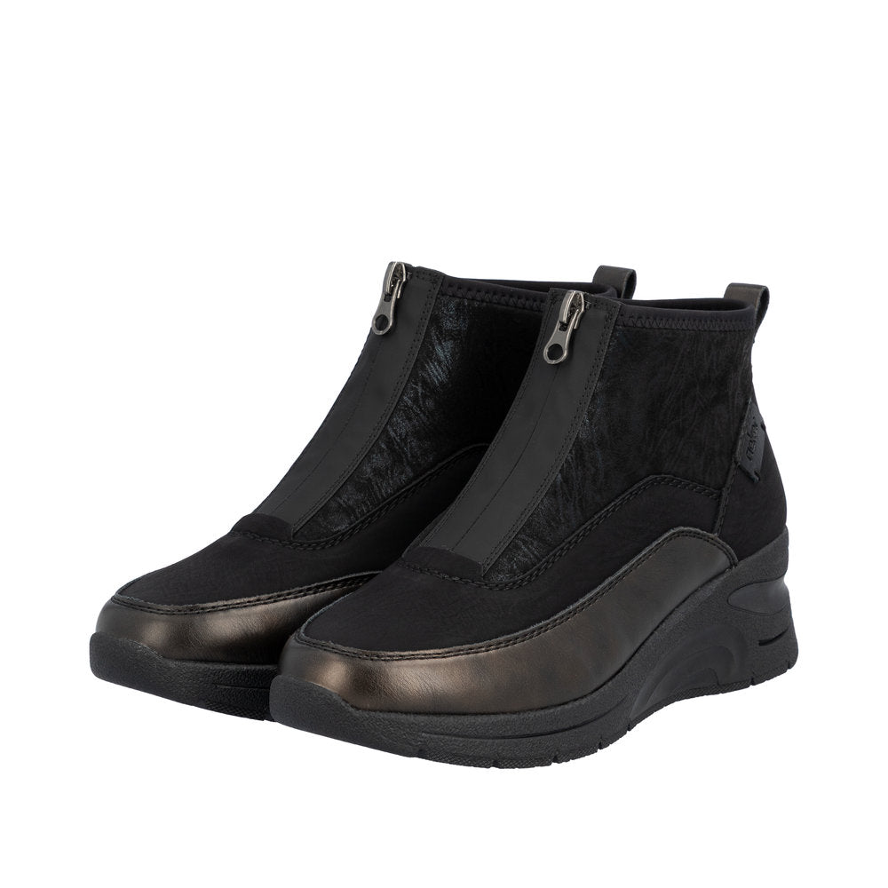 Rieker N9362-01 Ladies Black Combi Textile Front Zip Ankle Boots
