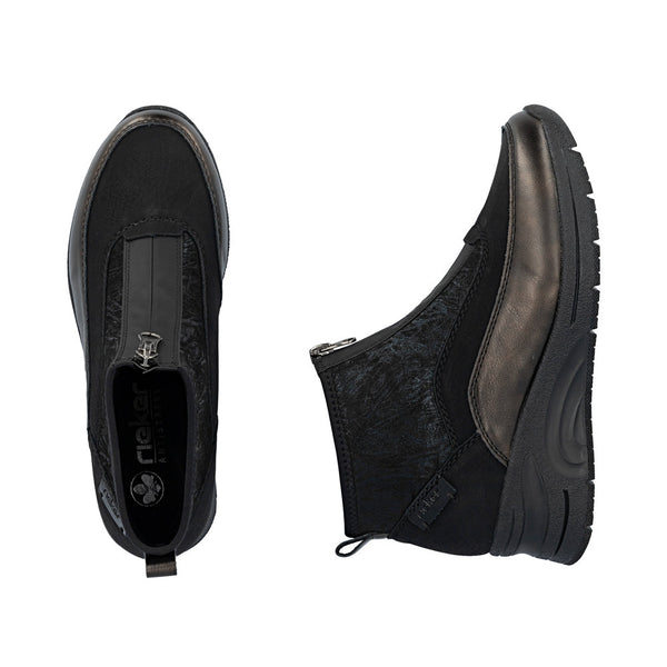 Rieker N9362-01 Ladies Black Combi Textile Front Zip Ankle Boots