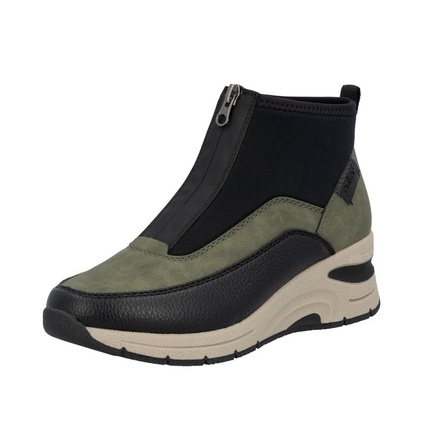 Rieker N9362-54 Ladies Green Combi Front Zip Ankle Boots