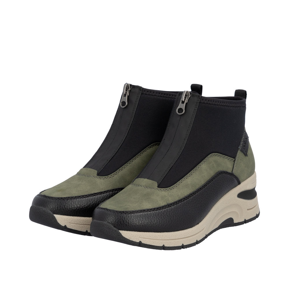 Rieker N9362-54 Ladies Green Combi Front Zip Ankle Boots