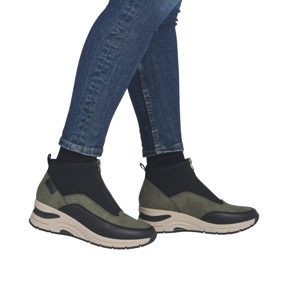 Rieker N9362-54 Ladies Green Combi Front Zip Ankle Boots