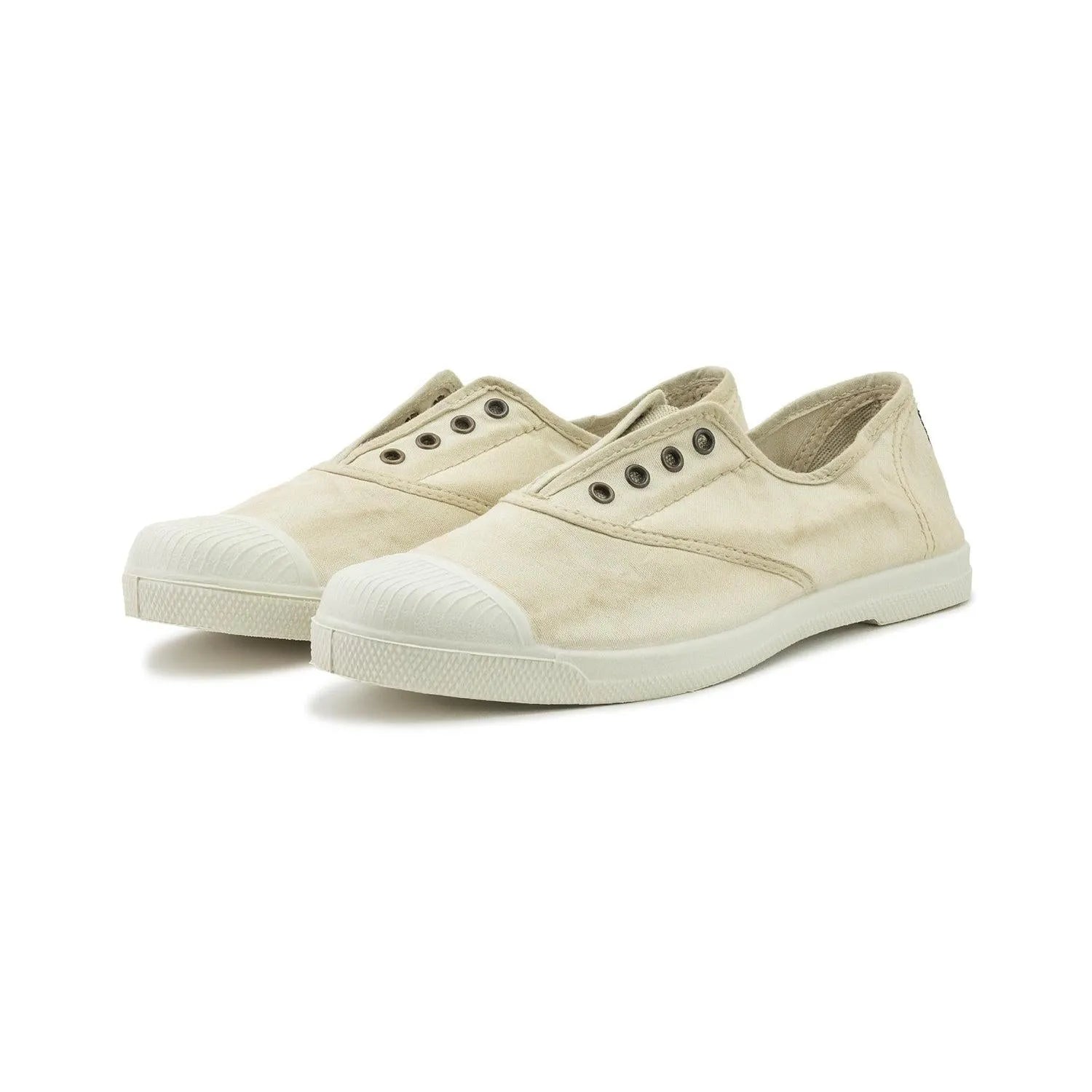 Ladies beige vegan slip-on shoes with textile upper, rubber toe cap, and white sole, sourced from Natural World 102/533.