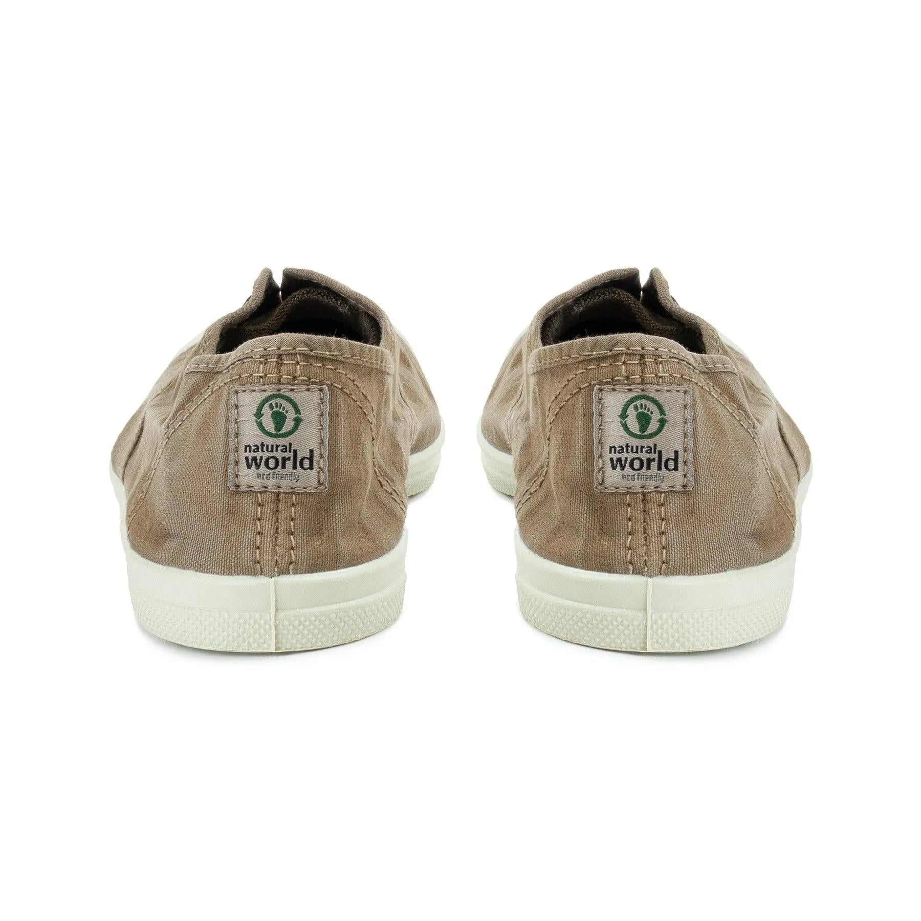 Natural World ladies beige textile vegan slip-on shoes, stylish casual footwear with white rubber soles.