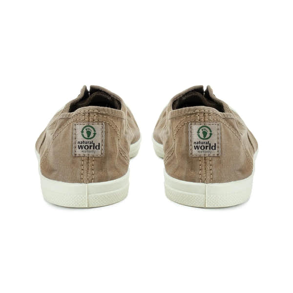 Natural World ladies beige textile vegan slip-on shoes, stylish casual footwear with white rubber soles.