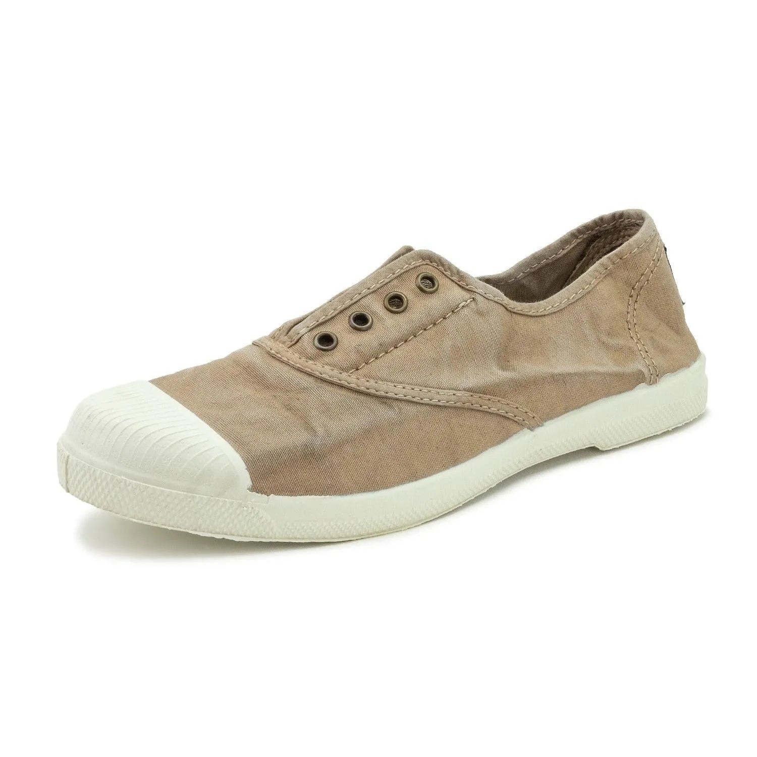 Ladies beige vegan slip-on shoes with textile upper, round toe, rubber sole, and minimalist design.