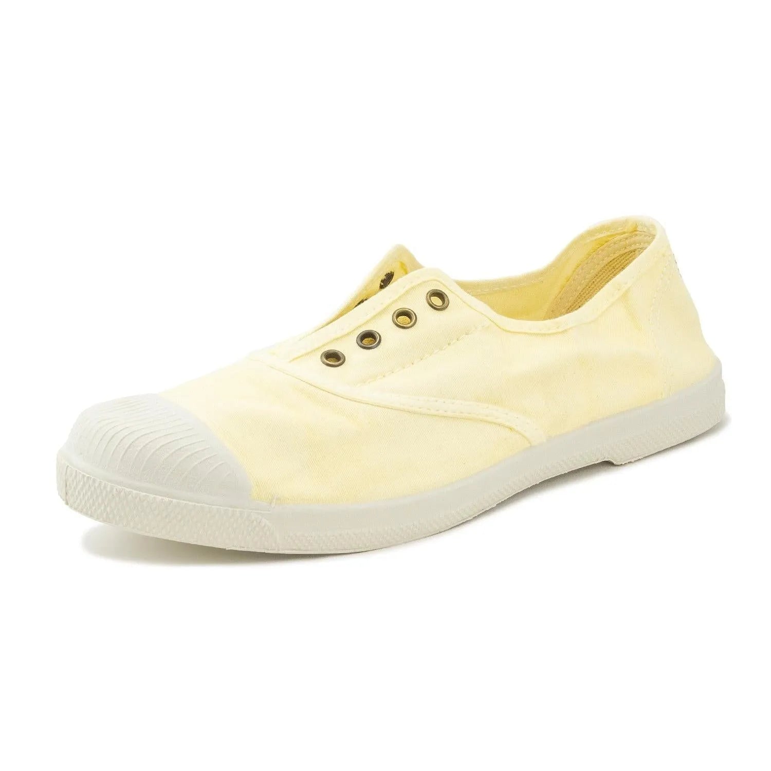 Natural World Ladies Yellow Vegan Textile Slip-On Shoes with white rubber toe cap and sole.