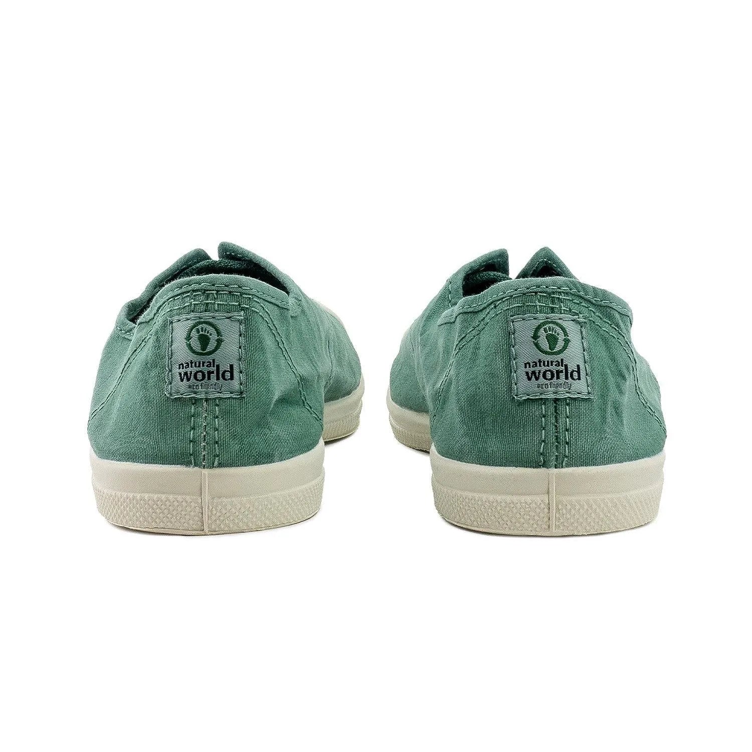 Ladies Spanish Green Textile Vegan Slip-On Shoes, back view with Natural World logo, casual eco-friendly footwear for women.