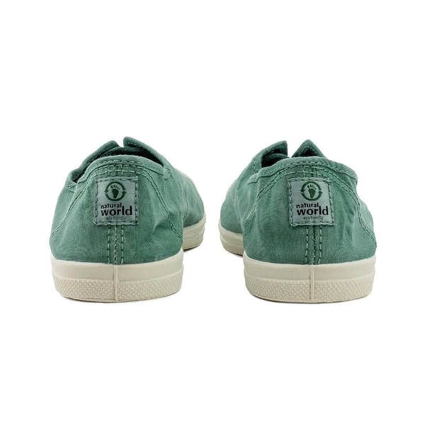 Ladies Spanish Green Textile Vegan Slip-On Shoes, back view with Natural World logo, casual eco-friendly footwear for women.