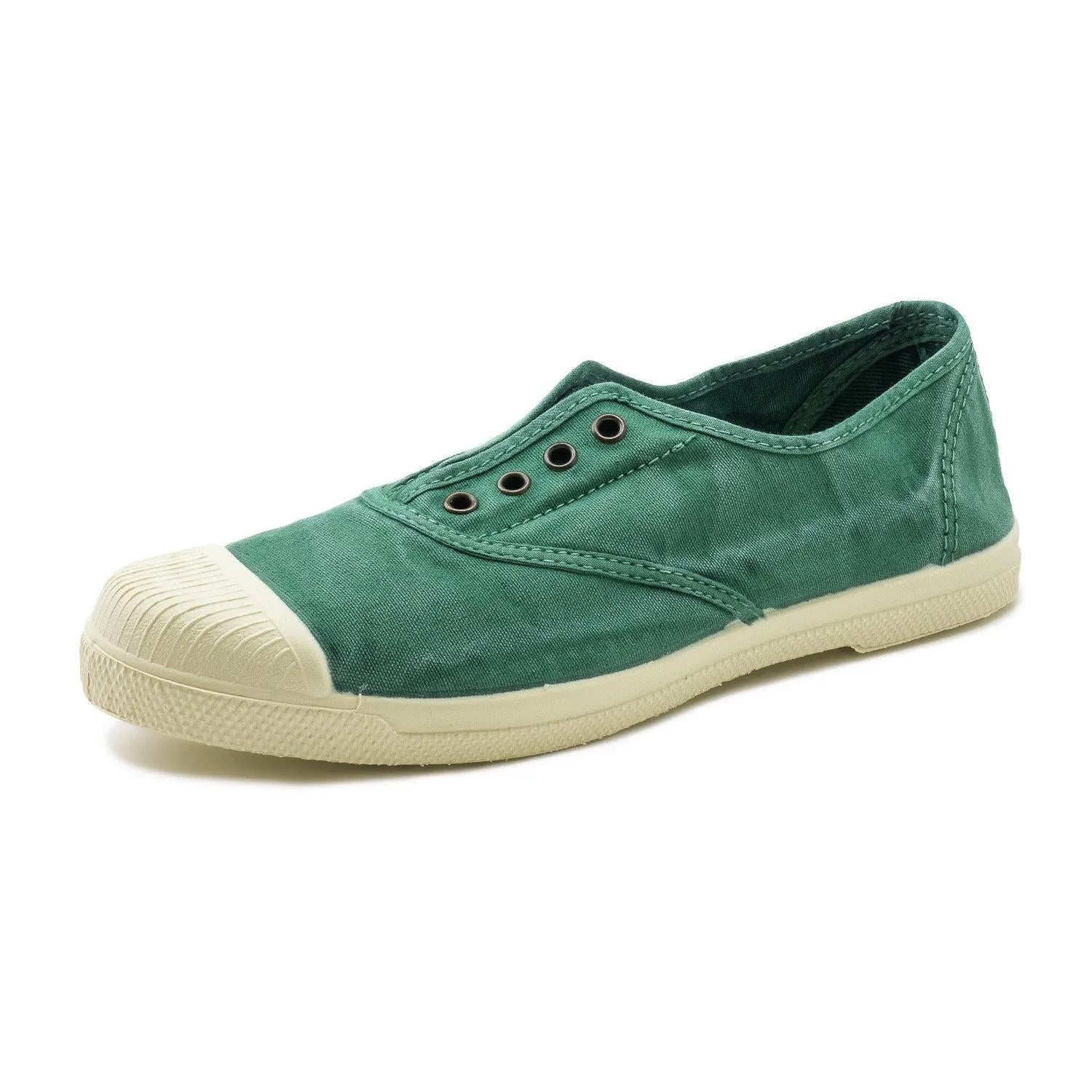 Ladies green vegan slip-on shoes with textile upper, rubber toe cap, and white sole. Sustainable, comfortable footwear.