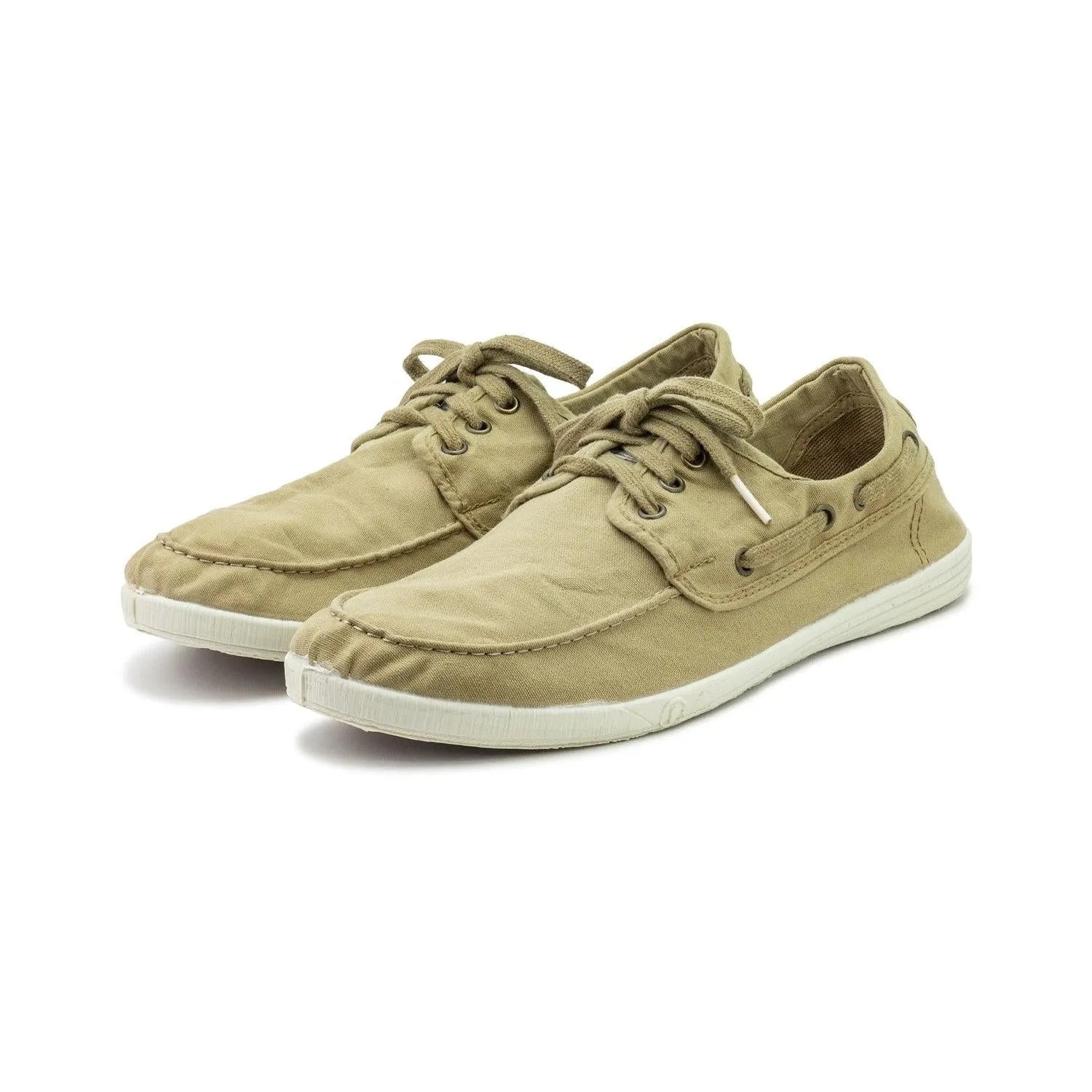 Men's beige vegan lace-up shoes with camel textile upper, round toe, and white rubber sole.
