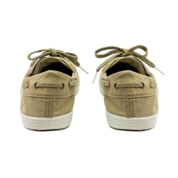 Men's vegan lace-up shoes made of natural Spanish camel textile with white soles, stylish and eco-friendly footwear.