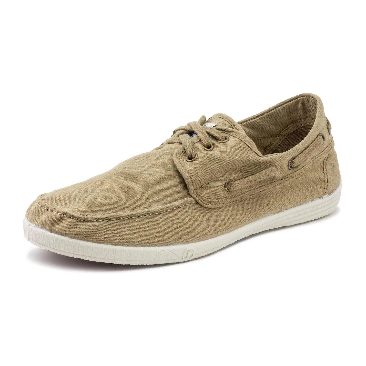Men's natural beige vegan lace-up shoes with textile camel material and white rubber sole.