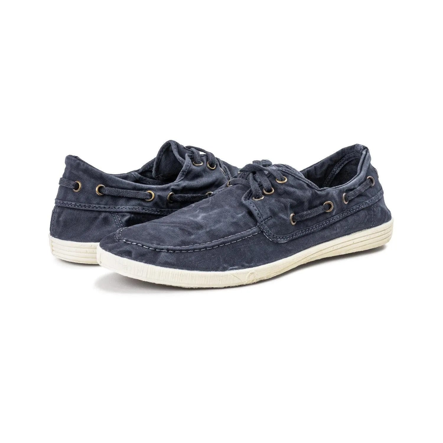 Natural World men's Spanish Marino textile vegan lace-up shoes with white rubber soles, navy blue, casual style.