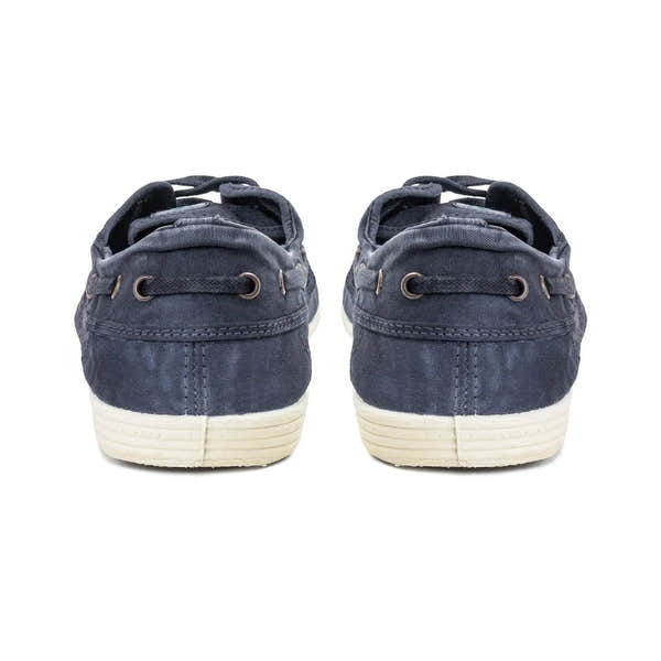 Natural World 303E men's Spanish Marino textile vegan lace-up shoes, navy color, canvas upper, white rubber sole, casual style.
