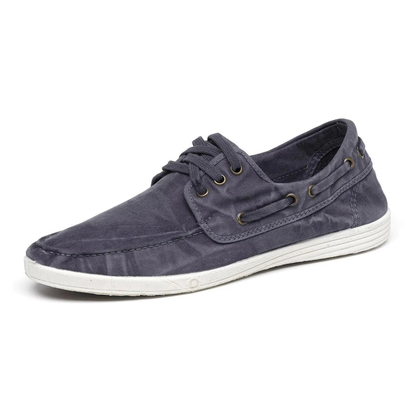Mens vegan lace-up shoes in navy with textile Marino material, white rubber sole, and detailed eyelet lacing.