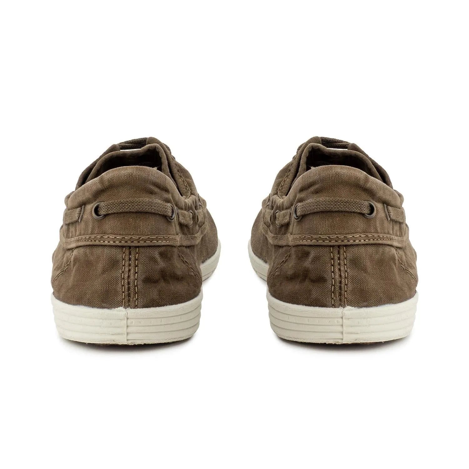 Natural World men's Spanish café brown textile vegan lace-up shoes with white rubber soles, front view, casual style.