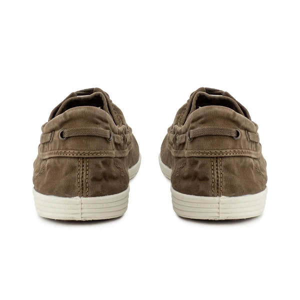 Natural World men's Spanish café brown textile vegan lace-up shoes with white rubber soles, front view, casual style.