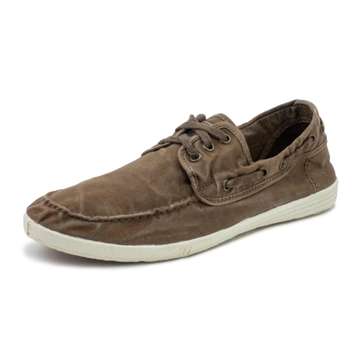 Men's brown vegan textile lace-up shoes, natural world 303E / 686, stylish casual footwear with white rubber sole.