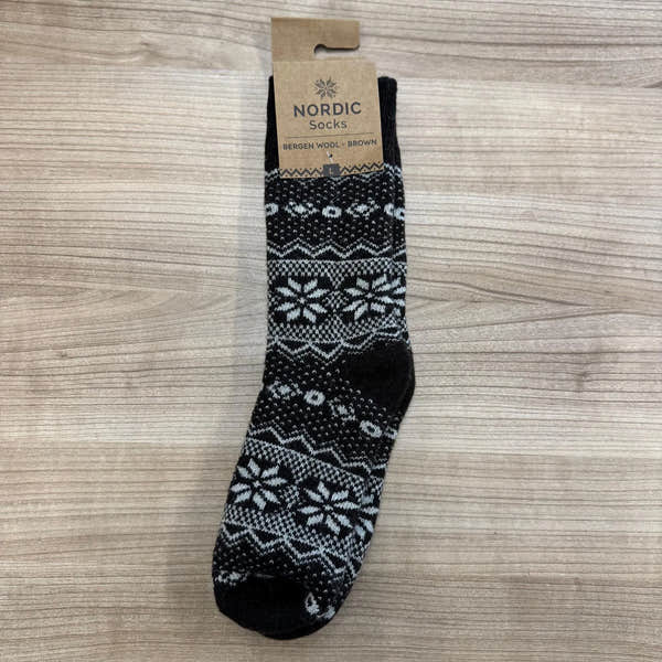 Unisex Bergen wool sock in brown with Nordic snowflake and geometric patterns, stylish and warm.