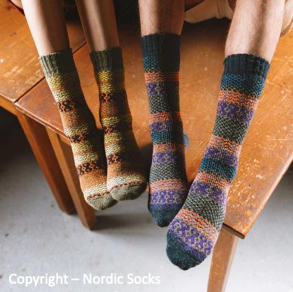 Unisex Nordic Tore Wool Socks in blue with colorful plaid patterns, knee-length design, cozy and warm for winter wear.