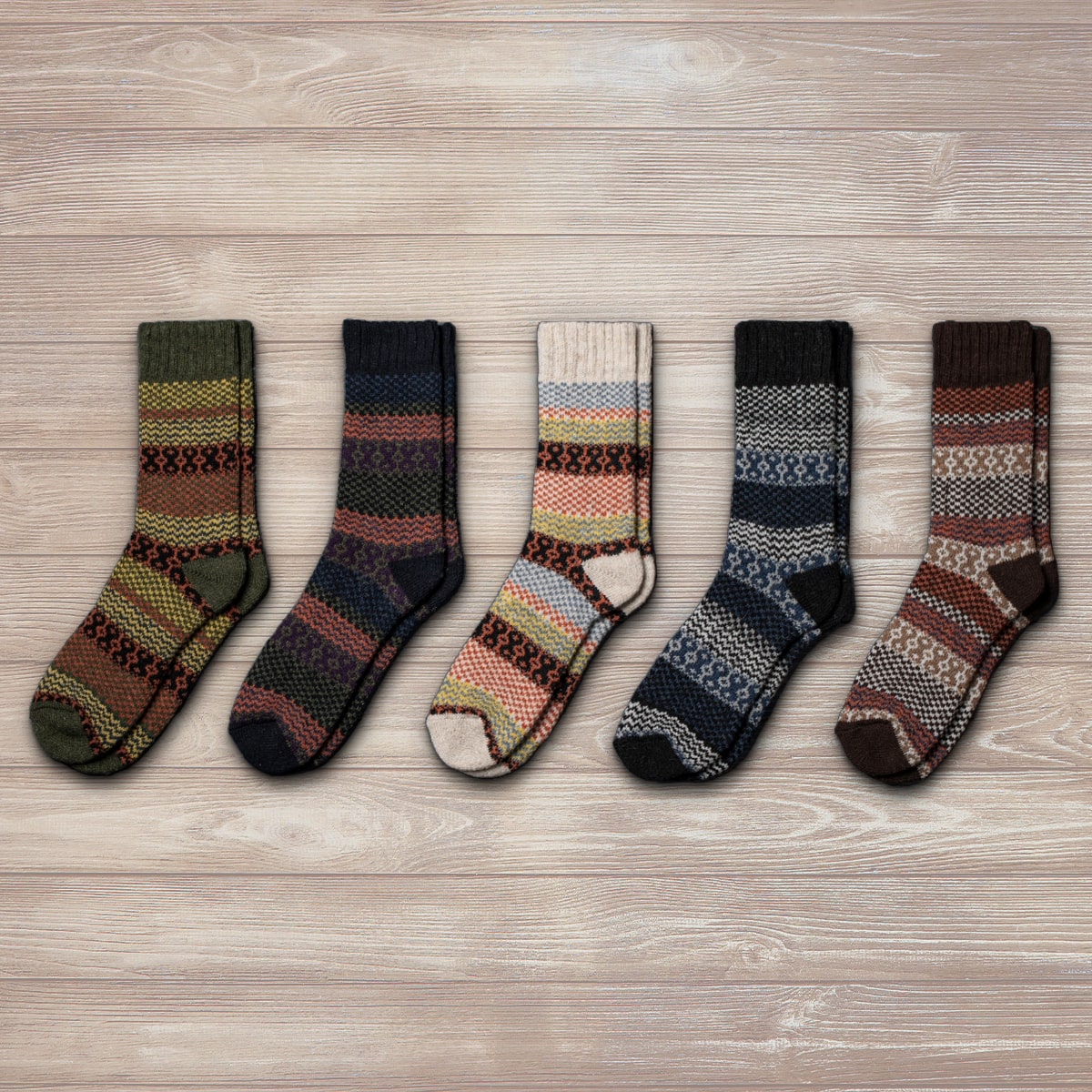 Unisex Nordic Wool Socks in various colorful striped and patterned designs, labeled 