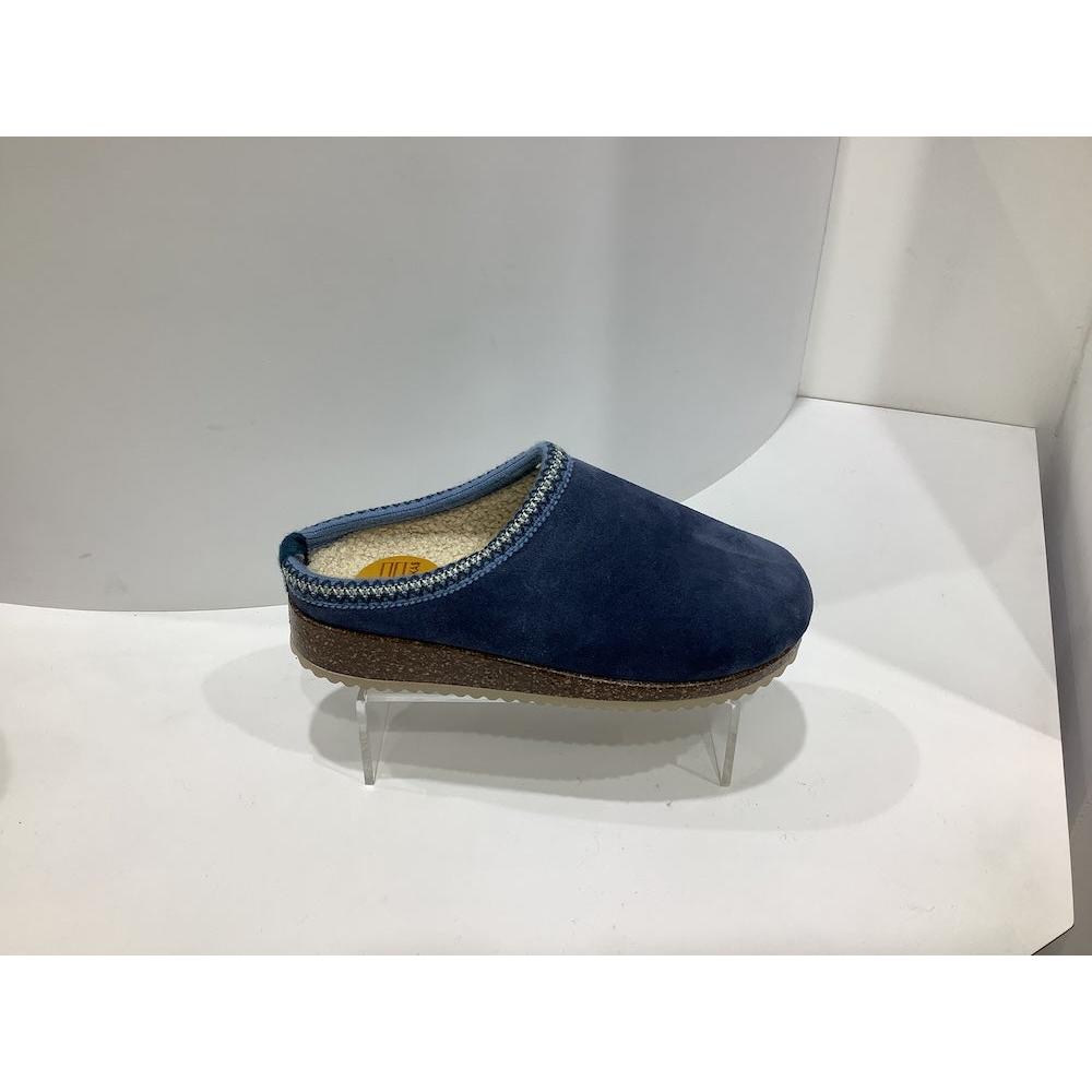 Nordikas 2247 Ladies Spanish denim suede slip-on mule with cozy lining and a textured rubber sole.