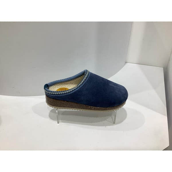 Nordikas 2247 Ladies Spanish denim suede slip-on mule with cozy lining and a textured rubber sole.