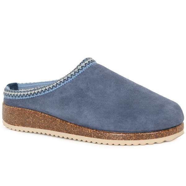 Nordikas 2247 Ladies Spanish Denim Suede Slip-On Mules, blue suede with decorative trim, cork and rubber sole.
