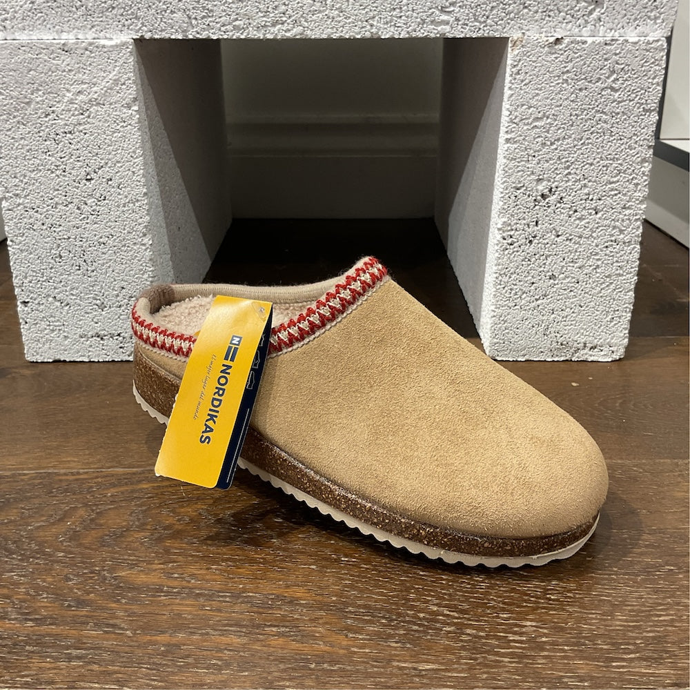 Nordikas 2247 Ladies Spanish Sand Suede Slip-On Mules with cozy lining and red decorative stitching.