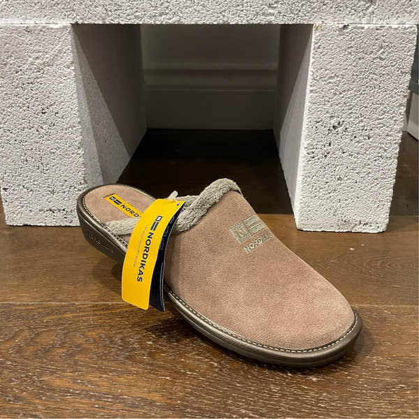 Nordikas 238 Ladies Spanish stone suede slip-on mule with faux fur lining and cushioned insole.
