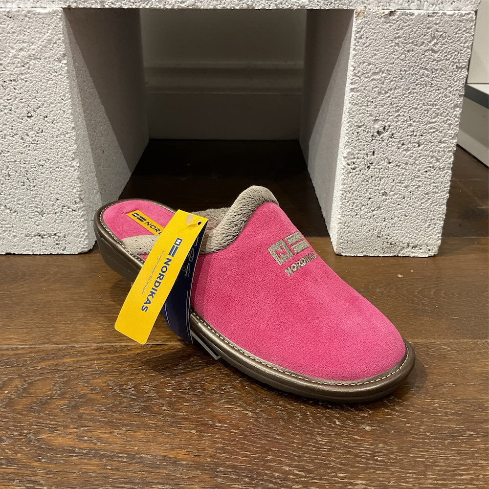 Nordikas 238 Ladies Spanish Strawberry Suede Slip-On Mules with beige interior, rubber sole, and brand logo on the upper.